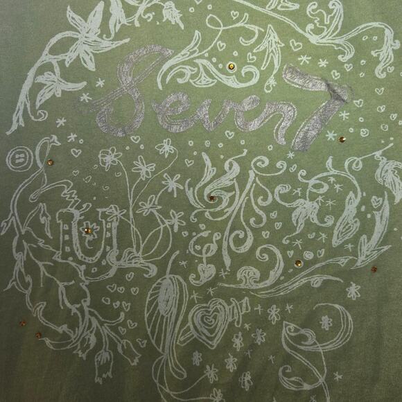 Vintage-Inspired Olive Green Seven7 Tee with Shimmery Grey Logo - Picture 1 of 4